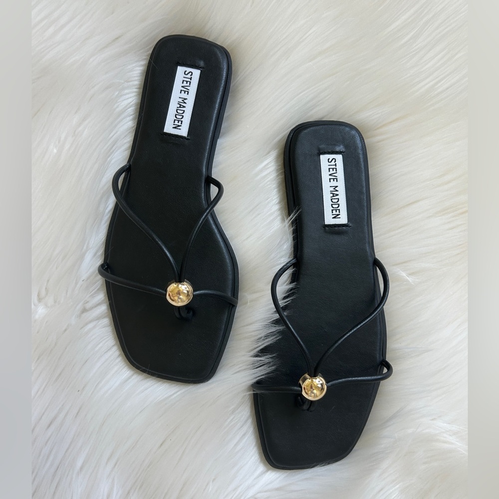 New! Steve Madden Black Thong Sandals with Gold Accent